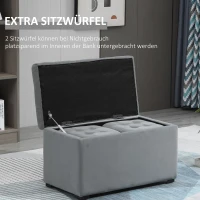 HOMCOM 3-teiliges Set mit Stauraum, 2 x Sitzhocker, Polster-Sitztruhe, Fußhocker, Aufbewahrungsbox, Fußablage, belastbar bis 130 kg, Mikrofaserstoff, Schaumstoff, 75 x 40 x 42 cm, Hellgrau(m-7)