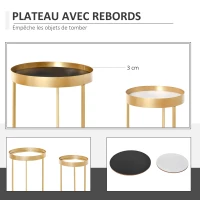 HOMCOM Tables gigognes Lot de 2 Tables Basses Rondes Design Style Art déco Ø 39 et Ø 30 cm métal doré MDF Blanc et Noir(m-7)