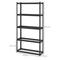 HOMCOM Estantería Almacenamiento de 5 Niveles Estantería de Garaje de Acero Carga 750 kg Estantes Ajustables 90x30x182 cm Negro(m-3)