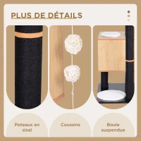 PawHut Arbre à chats design contemporain griffoirs grattoirs sisal naturel centre d'activités niche plate-formes jeu boules suspendues 71,5L x 49,5l x 120H cm MDF noir hêtre(m-5)