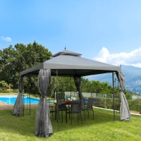 Outsunny 3(M)x3(M) Garden Gazebo Double Top Outdoor Canopy Patio Event Party Wedding Tent Backyard Sun Shade with Netting - Grey(m-18)