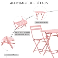 Outsunny Salon de jardin bistro pliable - table carrée dim. 60L x 60l x 71H cm avec 2 chaises - métal thermolaqué rose(m-5)
