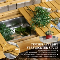 Outsunny Garten-Arbeitstisch, integriertes Edelstahl-Spülbecken, 2 Ablagen, Massivholz, braun, 92 x 45 x 120 cm(m-5)
