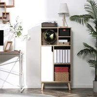 HOMCOM Mueble Aparador Alto Armario Auxiliar de Salón con 5 Compartimentos y 1 Puerta Multiusos para Comedor Cocina Dormitorio 60x30x121 cm Roble y Blanco(m-7)