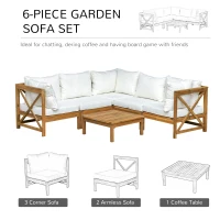 Outsunny 6 PCS Elegant Wood Frame Outdoor Patio Dining Set w/ Cushions Coffee Table Garden Furniture Sofa Comfort Balcony Patio Cream White(m-4)