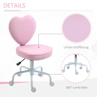 HOMCOM Drehstuhl, niedliches Herz-Design, höhenverstellbar, Stoffbezug in Leinenoptik, rosa, 42 x 50 x 79-89 cm(m-6)