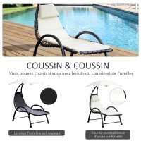 Outsunny Bain de Soleil transat de jardin chaise longue Design Contemporain - Pare-Soleil et Matelas - Acier Polyester - dim. 1,7L x 1,18l x 1,77H m - écru Noir(m-4)
