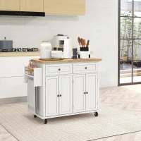 HOMCOM Rolling Kitchen Island Storage Trolley with Rubber Wood Top & Drawers for Dining Room, White(m-10)
