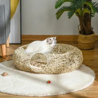 PawHut Cama para Gatos de Ratán 78x69x22 cm Cesta para Gatos Rolliza con Cojín Suave 3 Orificios de Acceso Túnel para Gatos Madera Natural(m-8)