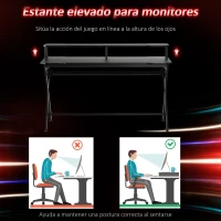 HOMCOM Mesa Gaming 140x60 cm Escritorio para Computadora PC con Estante Elevado para Monitor Gancho para Auriculares Negro(m-6)
