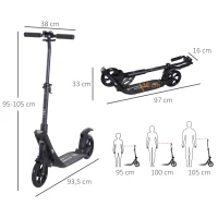 HOMCOM Scooter Kickscooter Roller Tretroller mit  200 mm rutschfesten Vollgummireifen für Erwachsene Kinder Teenager ab 14 Jahren höhenverstellbar faltbar Schwarz 93,5 x 38 x 95-105 cm(m-3)