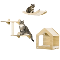 PawHut Juego de Escalada para Gatos de 3 Piezas Set de Pared con Estantes Cama  Hamaca y Poste de Sisal Color Roble