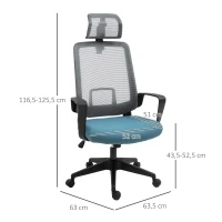 Vinsetto Silla de Oficina Ergonómica Silla Escritorio Giratoria con Altura Ajustable Soporte Lumbar Reposabrazos y Reposacabezas Regulable Malla Transpirable 63,5x63x116,5-125,5 cm Azul y Gris(m-3)