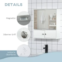 kleankin Spiegelschrank Badezimmerschrank Badschrank Hängeschrank Badmöbel Wandschrank Mehrzweckschrank mit Regale Glas Weiß 55 x 17,5 x 60 cm(m-6)