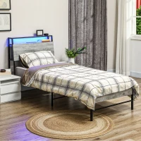HOMCOM Single Steel Bed Frame, with LED Lights and Headboard Shelf - Grey(m-2)
