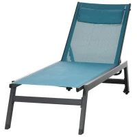 Outsunny Bain de soleil transat en aluminium et textilène avec roulettes et repose-tête dossier inclinable bleu(m-10)