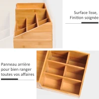 HOMCOM Boite de Rangement de Bureau - Organiseur de Bureau - 7 Compartiments, 2 tiroirs - Bambou Verni, Bambou(m-6)