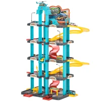 HOMCOM 5-Level Car Parking Garage Toy Race Tracks Car Ramp Set Toddler Car Games w/ Cars & Helicopter Elevator Gas Station Car Repair Station for 3-6 Years Old(m-10)