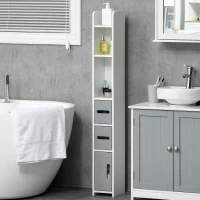 kleankin Colonna Bagno con Mensole e Armadietti, Mobile Alto Salvaspazio in Legno 15x17x120cm, Bianco e Grigio(m-2)