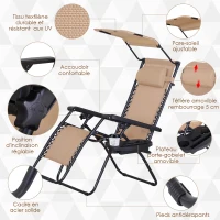 Outsunny Chaise Longue Pliable de Jardin Bain de Soleil zéro gravité Pare-Soleil et Dossier réglable Plateau Porte gobelet Accessoires Metal textilène Beige(m-4)