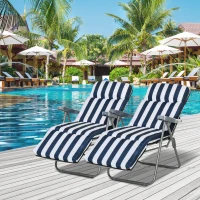Outsunny Lot de 2 Chaise Longue Bain de Soleil Adjustable Pliable avec coussin transat lit de Jardin en Acier Bleu + Blanc(m-2)