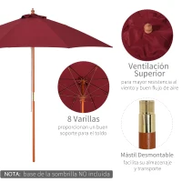 Outsunny Sombrilla Parasol con Poste Desmontable de Madera Ángulo Ajustable Ventilación Sistema de Polea para Exterior Jardín Patio Piscina Terraza Ø257x253 cm Rojo Vino(m-5)