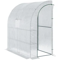 Outsunny Walk-In Lean to Wall Greenhouse with Windows and Doors, Outdoor Green House with 3 Tiers 4 Wired Shelves, 200L x 100W x 215Hcm, White(m-11)