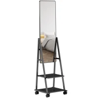 HOMCOM Specchio Verticale da Terra con 2 Ripiani e 4 Rotelle, in Acciaio e Legno, 42x37x155 cm, Nero(m-1)
