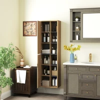 HOMCOM Columna de Baño de Pared Armario de Baño con Compartimentos Abiertos y 2 Puertas 40x24x141,5 cm Natural(m-7)