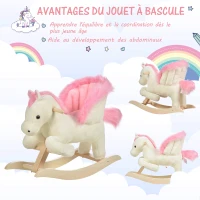 HOMCOM Cheval à Bascule Fonction Musicale Selle Grand Confort Peluche Courte Douce Pour Enfants 18-36 Mois Bois peuplier Blanc et Rose dim. 70L x 28l x 57H cm(m-4)