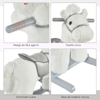 HOMCOM Caballito Balancín con Felpa con Osito de Peluche para Niños 18-36 Meses Caballo Mecedora Sonidos de Relincho y Galope Base de Madera Asiento 35 cm Carga 30 kg 65x26x55 cm Blanco(m-6)