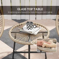 Outsunny 3 Pieces Rattan Bistro Set, Garden Bistro Set with Acapulco Chairs and Glass Top Table, Small Garden Furniture Set with Reinforced Metal Frame for Outdoor, Patio, Balcony, Natural(m-6)