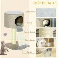 PawHut Árbol Rascador para Gatos Pequeño Altura 50 cm Torre Escalador de Gato con Cueva Rampa Poste Rascador de Sisal Natural y Bola Colgante 30x30x50 cm Beige Oscuro(m-5)