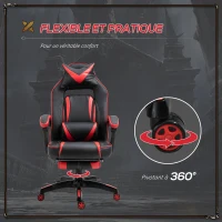 HOMCOM Fauteuil gamer, chaise gaming, siège de bureau réglable, avec repose-pieds et coussin, pivotant inclinable revêtement synthétique noir rouge(m-6)