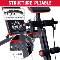 HOMCOM Banc de musculation pliable inclinable réglable sangles élastiques support haltères inclus acier noir rouge + Ensemble d'haltères Courtes Total 20 Kg acier HDPE noir(m-5)