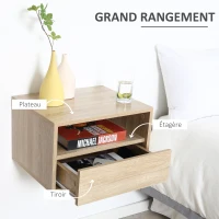HOMCOM Lot de 2 Tables de Chevet murales - Lot de 2 Tables de Nuit - tiroir Coulissant, Niche, Plateau - Panneaux Particules Aspect chêne Clair(m-5)