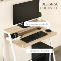 HOMCOM Scrivania Moderna per Camera e Ufficio a 2 Livelli, Arredamento in Legno e Metallo, 84x45x85cm, Bianco e Rovere(m-6)