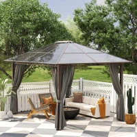 Outsunny 3 x 3.6m Hardtop Gazebo Canopy with Polycarbonate Roof Garden Pavilion with Removable Curtains and Steel Frame, Dark Grey(m-9)