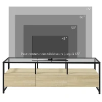 HOMCOM Meuble TV pour télévision jusqu'à 65 pouces plateau en verre trempé strucuture en acier avec 3 tiroirs 148 x 40 x 47 cm(m-5)