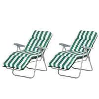 Outsunny 2 Pieces Outdoor Sun Lounger Set with Cushions, Patio Folding 5-Level   Adjustable Backrest Recliner Chairs Set of 2 with High Backrest and Armrests, Green & White(m-13)