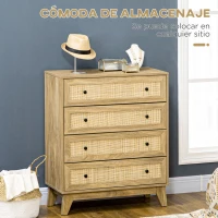 HOMCOM Cómoda con 4 Cajones Cajonera de Madera con Frontales de Ratán Estilo Cannage para Dormitorio 80x35x95 cm Natural(m-4)