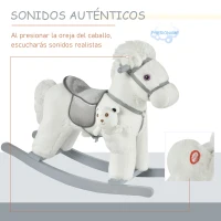 HOMCOM Caballito Balancín con Felpa con Osito de Peluche para Niños 18-36 Meses Caballo Mecedora Sonidos de Relincho y Galope Base de Madera Asiento 35 cm Carga 30 kg 65x26x55 cm Blanco(m-4)