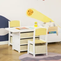 HOMCOM Juego de Mesa y Sillas Infantil de Madera 3 en 1 con 5 Cajones Tejidos de Almacenaje Mesa de Actividades para Bloques de Construcción y con Mapa de Ruta Color Natural(m-8)