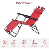 Outsunny Chaise Longue inclinable transat Bain de Soleil fauteuil relax jardin 2 en 1 Pliant têtière Amovible Charge Max. 136 Kg Toile Oxford Facile d'entretien Rouge(m-4)