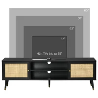 HOMCOM TV-Bank im Boho-Design, TV-Schrank, Rattanelemente, 1 Regalboden, 2 Schränke, Schwarz + Natur(m-7)