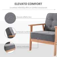 HOMCOM Poltrona Stile Scandinavo Imbottita e Trapuntata a Bottoni in Tessuto e Legno, 64.5x70x74cm, Grigio(m-5)