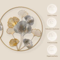 HOMCOM Decorazione Murale 3D in Metallo, Wall Art Dorata con Ginkgo in due Cornici Rotonde, 102x66.2cm, Oro e Argento(m-6)