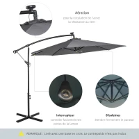 Outsunny Parasol déporté octogonal parasol LED inclinable manivelle piètement acier dim. Ø 3 x 2,6H m gris(m-5)