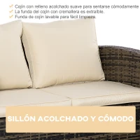 Outsunny Conjunto de Muebles de Jardín de Ratán 6 Piezas Sofá Doble Sofá de 3 Plazas 2 Sillones Individuales 2 Mesas Auxiliares con Almacenamiento y Cojines Acolchados para Exterior Marrón y Crema(m-5)