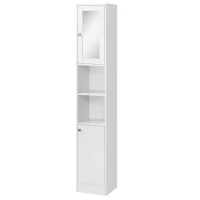 kleankin Armario Alto para Baño con Espejo Mueble Columna de Baño Madera con 2 Estantes Abiertos 2 Puertas y Baldas Interiores Ajustables 30x28x180 cm Blanco(m-10)